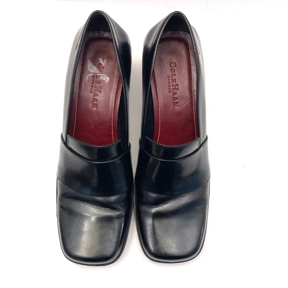 Cole Haan Studio Heeled Loafers Pumps Black Shell Leather Square Toe Womens 8‎ B